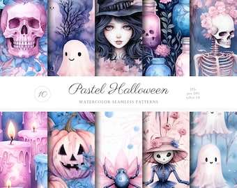 Seamless Cute Pastel Halloween Patterns, Spooky Pastel Textures JPEG, Watercolor Digital Download, Repeating Pattern Digital Scrapbook Paper