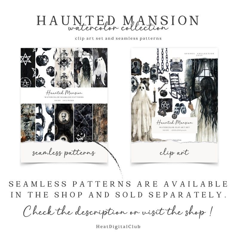 May include: A digital illustration set featuring a haunted mansion theme. The set includes 10 watercolor seamless patterns and a clip art set. The patterns feature spooky elements like chains, cobwebs, and skulls. The clip art set includes a ghost, a rocking chair, a typewriter, and a window with a spooky view.