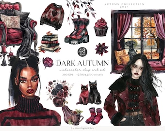 Könnte beinhalten: Ein Set mit 48 digitalen Aquarell-Clipart-Bildern mit dunklen Herbstmotiven. Das Set enthält eine Frau mit dunklen Haaren, einen roten Pullover, ein Fenster mit roten Vorhängen, eine schwarze Katze, einen Kürbis, einen Bücherstapel, einen Cupcake, einen gotischen Sessel und einen Strauß dunkler Blumen.
