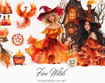 Watercolor Fire Witch Clipart Bundle, Magic Witch clip art PNG, Witches PNG, Scrapbook, Pagan Junk Journal Instant Download Commercial Use