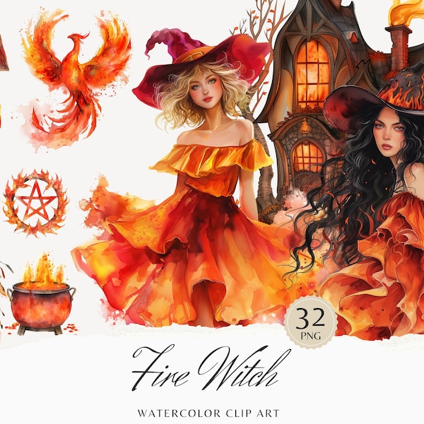 Watercolor Fire Witch Clipart Bundle, Magic Witch clip art PNG, Witches PNG, Scrapbook, Pagan Junk Journal Instant Download Commercial Use
