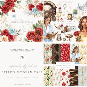 Clipart conte moderne de Belle aquarelle, la Belle et la bête PNG, clipart de conte de fées, illustration fantastique, Belle, princesse, téléchargement numérique