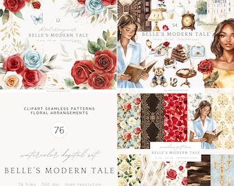 Clipart aquarelle Belle, motifs floraux féeriques, motifs sans couture (téléchargement numérique)