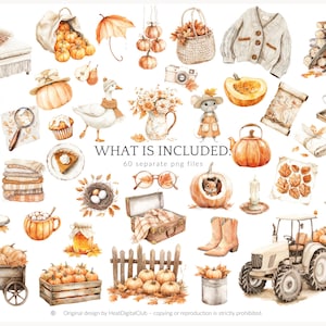 May include: Watercolor illustrations of autumn-themed objects, including pumpkins, a goose, a mouse, a tractor, and a cozy sweater. The image features a variety of fall elements, such as leaves, a pie, and a cup of hot cocoa. The text "WHAT IS INCLUDED: 60 separate png files" is also present.