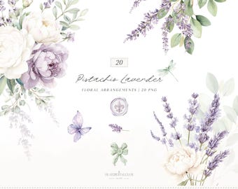 Watercolor Pistachio Lavender Floral Arrangements Clipart, Ivory Peony and Lavender Bouquet Clipart, Spring French Botanical PNG, Digital
