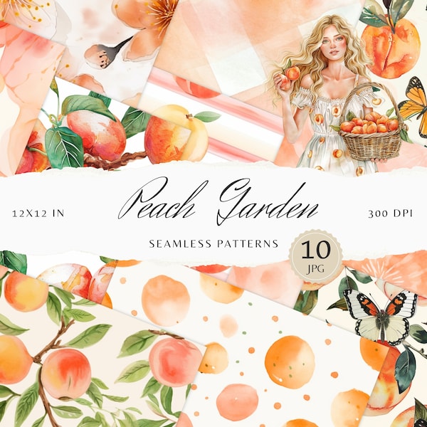 Watercolor Peach Garden Seamless Patterns,Fruit Pattern JPEG, Butterflies Digital Download, Repeating pattern, Scrapbook Paper