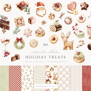 Puede incluir: Colección de acuarelas de dulces navideños, que incluyen galletas, pasteles y caramelos. La imagen presenta una variedad de postres festivos, como una galleta de Papá Noel, un reno y un pastel con forma de árbol de Navidad. El texto "HOLIDAY TREATS" también es visible.
