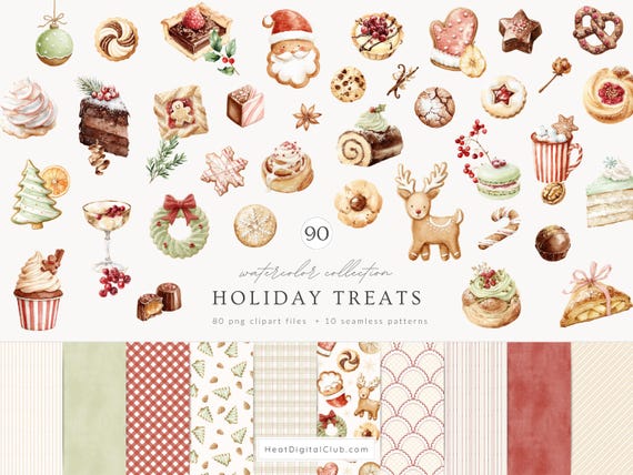 Watercolor Christmas Bakery Clipart, Holiday Treats Clipart, Festive Desserts PNG, Cozy Winter Sweets, Cocoa, Cake,Cookies, Digital Download