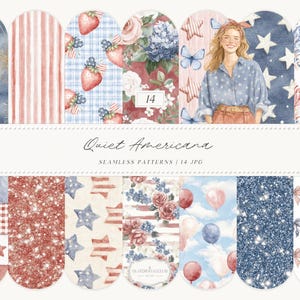 Aquarel rustige Americana naadloze patronen, patriottisch digitaal papier, 4 juli, vintage gebloemde streepquilt, zachte rode blauwe patronen