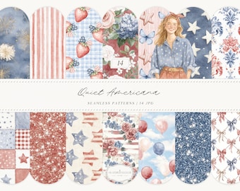 Watercolor Quiet Americana Seamless Patterns, Patriotic Digital Paper, 4th of July, Vintage Floral Stripe Quilt, Soft Red Blue Patterns