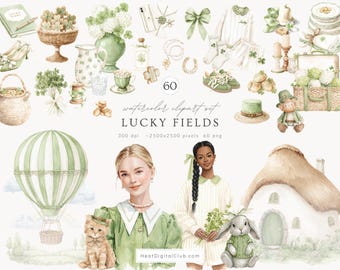Watercolor St.Patrick’s Day Clipart, Lucky Fields PNG, Irish Clip Art, Green St Patricks Day PNG, Patrick png, Cottagecore Digital Download