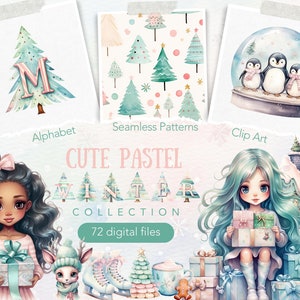 Paquete de imágenes prediseñadas de invierno en acuarela, lindos y acogedores, imágenes prediseñadas navideñas PNG, descarga digital de dibujos animados para niños, guardería navideña, uso comercial