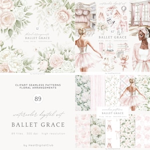 Puede incluir: Conjunto digital de acuarela con temática de ballet, que incluye una bailarina, flores y zapatillas de ballet. El conjunto incluye 89 archivos, 300 dpi, alta resolución. El conjunto se llama "Ballet Grace".
