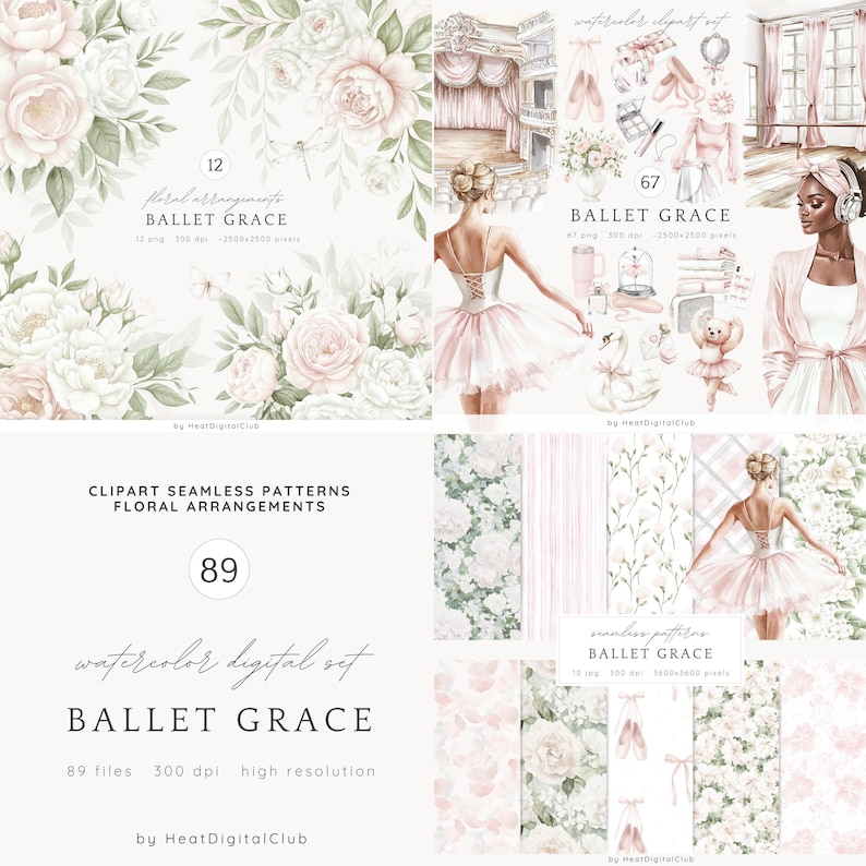 May include: Watercolor digital set of ballet themed illustrations, including a ballerina, flowers, and ballet shoes. The set includes 89 files, 300 dpi, high resolution. The set is called "Ballet Grace".