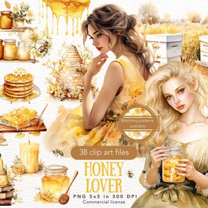 Watercolor Honey Lover Clipart Bundle, Honey Bee Clip Art, Honey Jar PNG, honey drips graphics Honey flowers digital download commercial use