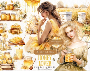 Watercolor Honey Bee Clipart Bundle, Honey Jar PNG (Digital Download)