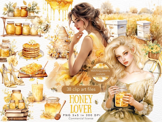 Watercolor Honey Bee Clipart Bundle, Honey Jar PNG (Digital Download)