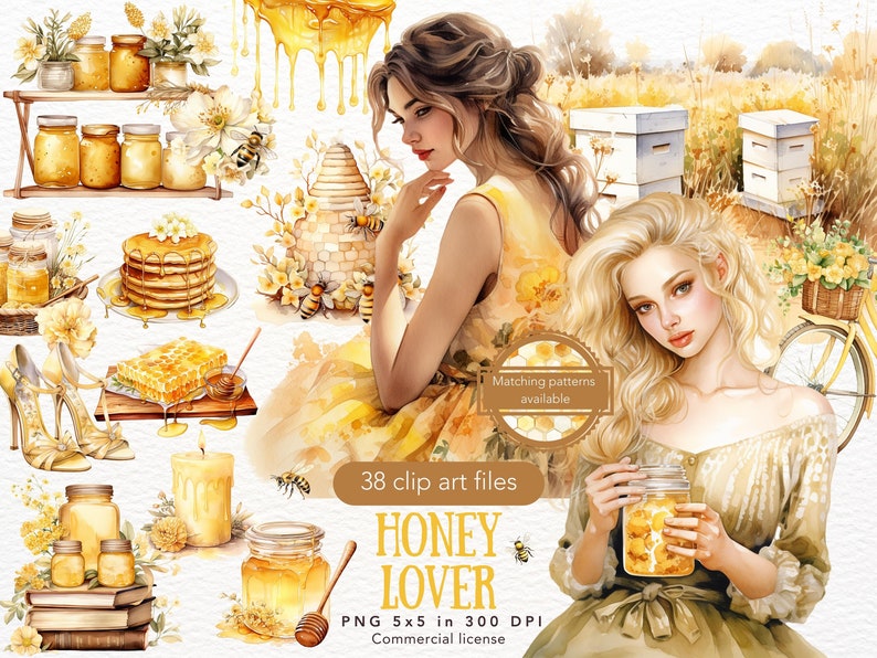 May include: A watercolor illustration of two women in yellow dresses with honeycombs, jars of honey, and flowers. The text "HONEY LOVER" is in the center of the image. There are 38 clip art files included.