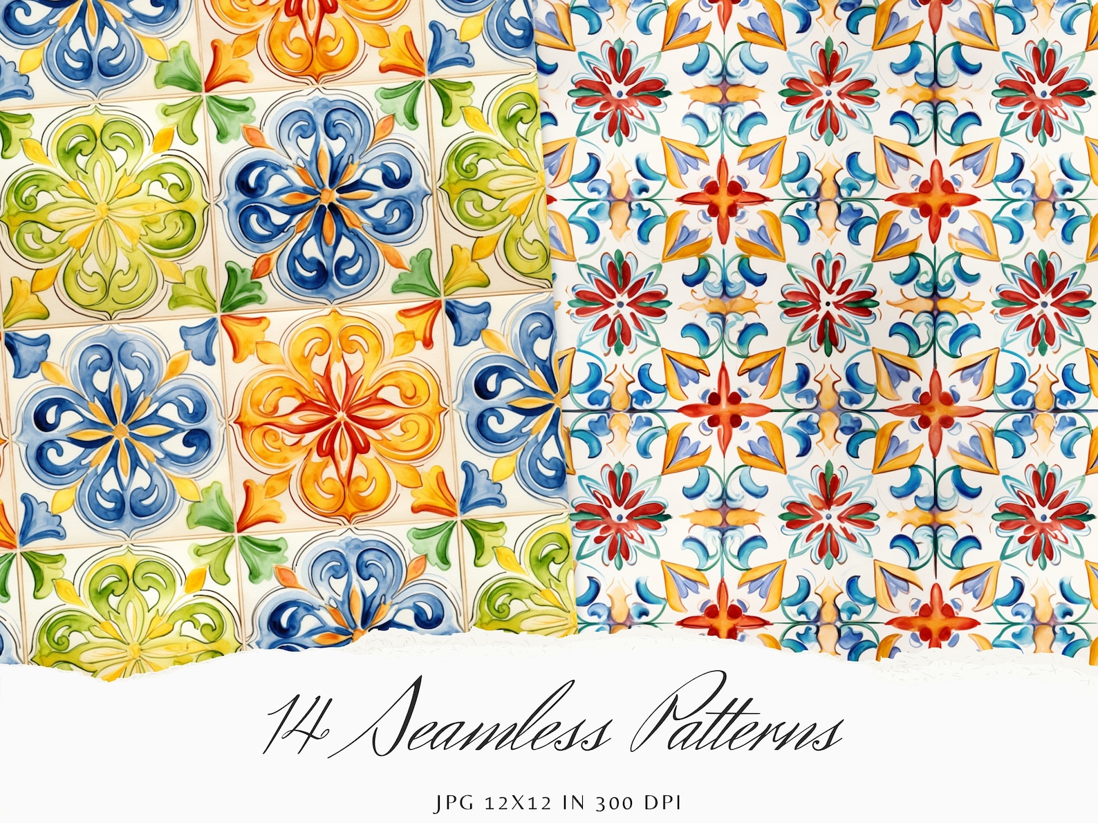 14 Watercolor Italian Tile Patterns, Seamless Mediterranean Designs ...