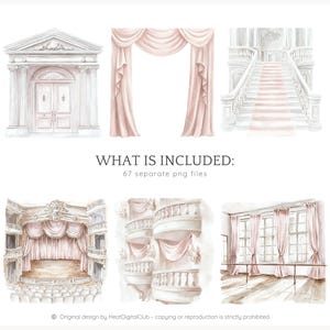 May include: A digital illustration set of watercolor-style images featuring various architectural elements, including a grand entranceway, a staircase, a stage with curtains, a balcony, and a room with windows and a ballet barre. The set includes 67 separate PNG files.
