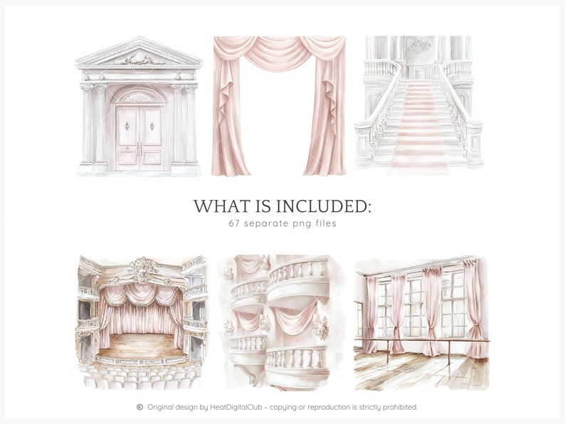 May include: A digital illustration set of watercolor-style images featuring various architectural elements, including a grand entranceway, a staircase, a stage with curtains, a balcony, and a room with windows and a ballet barre. The set includes 67 separate PNG files.
