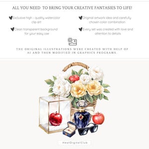 May include: Watercolour illustration of a basket filled with white and yellow flowers, a red apple, a blue perfume bottle, a ring box, and sunglasses. The text "ALL YOU NEED TO BRING YOUR CREATIVE FANTASIES TO LIFE!" is at the top of the image.