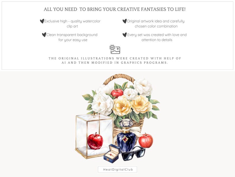 May include: Watercolour illustration of a basket filled with white and yellow flowers, a red apple, a blue perfume bottle, a ring box, and sunglasses. The text "ALL YOU NEED TO BRING YOUR CREATIVE FANTASIES TO LIFE!" is at the top of the image.
