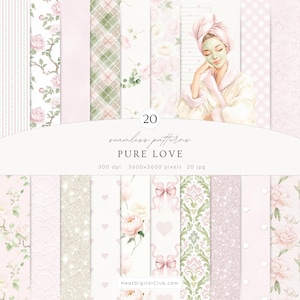 May include: A digital art print featuring 20 seamless patterns in soft pink, green, and white. The patterns include floral designs, plaid, hearts, bows, and glitter textures. The image also includes an illustration of a person in a spa setting.
