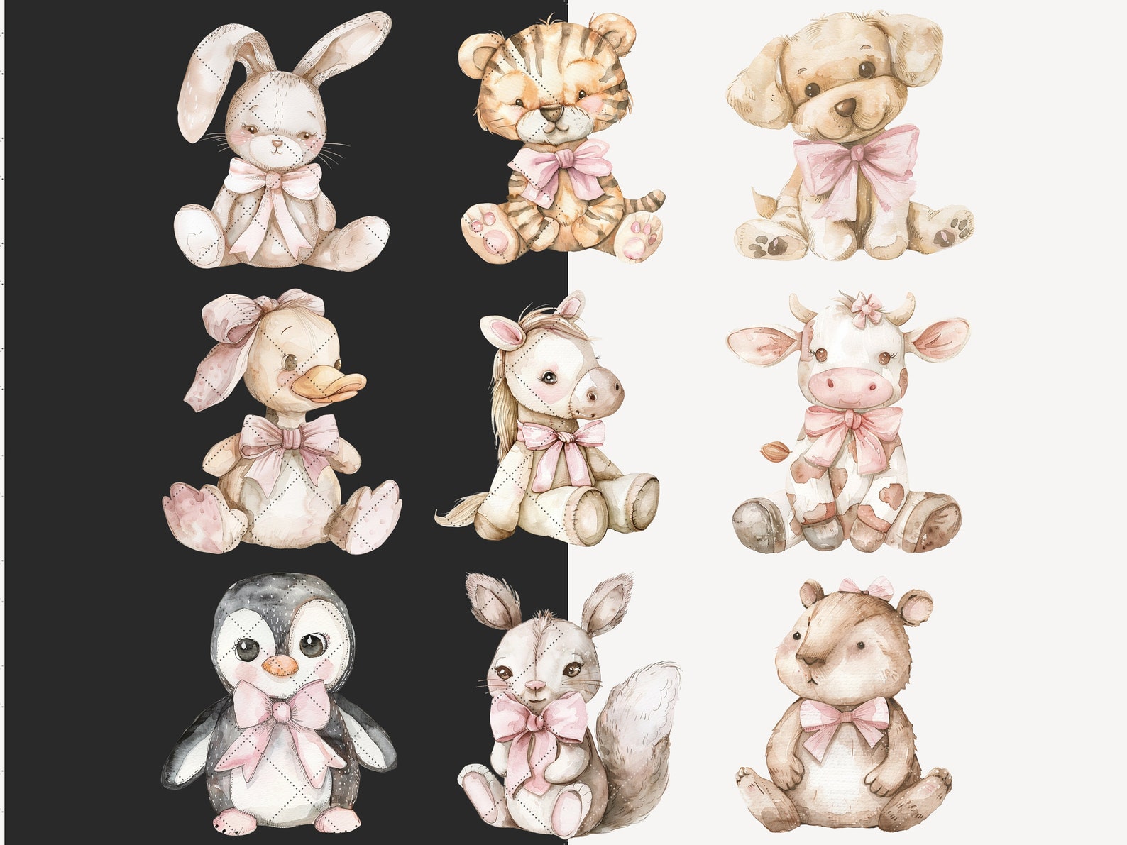 Watercolor Pink Vintage Plush Animals Clipart Bundle, Nursery Animal ...