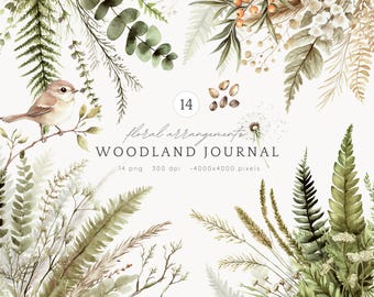 Watercolor Woodland Journal Floral Arrangements ClipArt,Botanical Forest Herbs Fantasy Flowers Plants Fern Greenery Digital Download