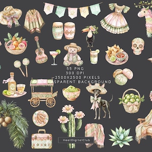Watercolor Viva Mexico Clipart Bundle, Cinco de Mayo, Mexico Clip Art, Pinata, Mexican party, Cactus, Tequila, Guitar, Fiesta, Sombrero image 6