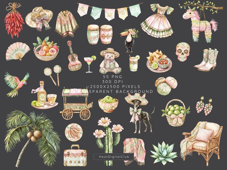 Watercolor Viva Mexico Clipart Bundle, Cinco de Mayo, Mexico Clip Art, Pinata, Mexican party, Cactus, Tequila, Guitar, Fiesta, Sombrero image 6