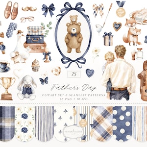 May include: Watercolor illustrations featuring Father's Day themes. Includes a teddy bear, a father holding a child, a vintage car, and various accessories like a blazer, shoes, and a trophy. The text "Father's Day" is visible. The color palette includes shades of brown, blue, and white.