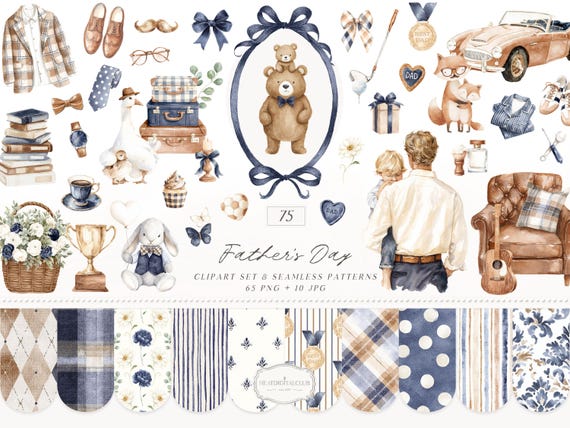 Watercolor Fathers Day Clipart, Dad and Baby Animals Clipart, Vintage Dad PNG, Masculine Clipart, Digital Download