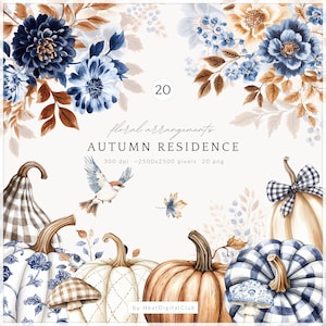 May include: A digital artwork showcasing watercolour floral arrangements and pumpkins in blue, brown, and cream hues. The text reads "AUTUMN RESIDENCE" and "floral arrangements". A bird in flight and a mushroom are also depicted in the image.