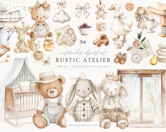 Watercolor Rustic Atelier Clipart Set, Cottagecore Plush Toys PNG, French Country Nursery Clipart, Neutral Baby Clipart PNG,Digital Download