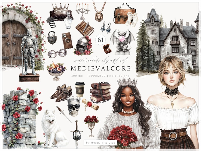 May include: Watercolor clipart set with a medieval theme, featuring a knight, castle, crowns, jewelry, and portraits of women. The set includes a variety of elements such as a gargoyle, books, and roses. The text "MEDIEVALCORE" is displayed.