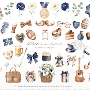 May include: Watercolor illustrations of various items, including a plaid jacket, shoes, a tie, a football, a golf club, a guitar, and a bouquet. The text "What is included: 65 separate png files" is also present.