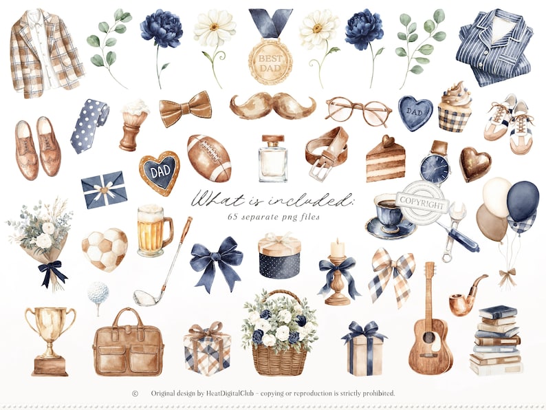 May include: Watercolor illustrations of various items, including a plaid jacket, shoes, a tie, a football, a golf club, a guitar, and a bouquet. The text "What is included: 65 separate png files" is also present.