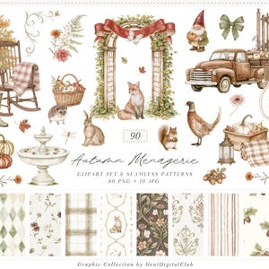 May include: A digital collection of watercolor illustrations titled Autumn Menagerie, featuring a rocking chair, garden arch, fox, rabbit, squirrel, pheasant, truck, bicycle, pumpkins, and various floral patterns, totaling 90 graphic elements.