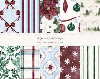 Watercolor Christmas Seamless Patterns, Alpine Holidays Luxury Winter JPG Collection (Digital Download)