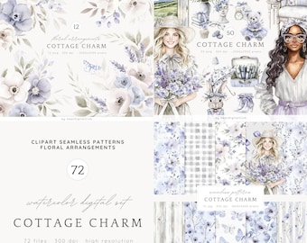Watercolor Cottage Charm Clipart, Cottagecore Clip Art, Rustic ClipArt, Planner Stickers, Spring PNG, Digital Download, Commercial Use