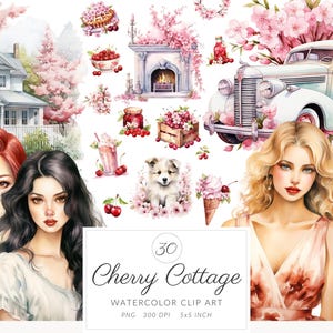 30 Watercolor Cherry Cottage Life Items Clip Art, Cottagecore Clipart , Cottage living, farm life, countryside, vintage living, Clipart PNG