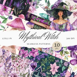 Puede incluir: Un collage de 10 patrones digitales sin costuras con un tema mágico y fantástico. Los patrones incluyen ilustraciones de flores, hongos, mariposas, cristales y una bruja con un sombrero. El texto "Mythical Witch" y "10 JPG" es visible en la imagen. Los patrones son de 30,48 x 30,48 cm y 300 DPI.