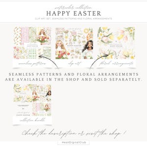 May include: A digital illustration set for Easter featuring watercolor clip art, seamless patterns, and floral arrangements. The set includes images of bunnies, eggs, flowers, and other Easter-themed elements. The text "Happy Easter" appears in the image.