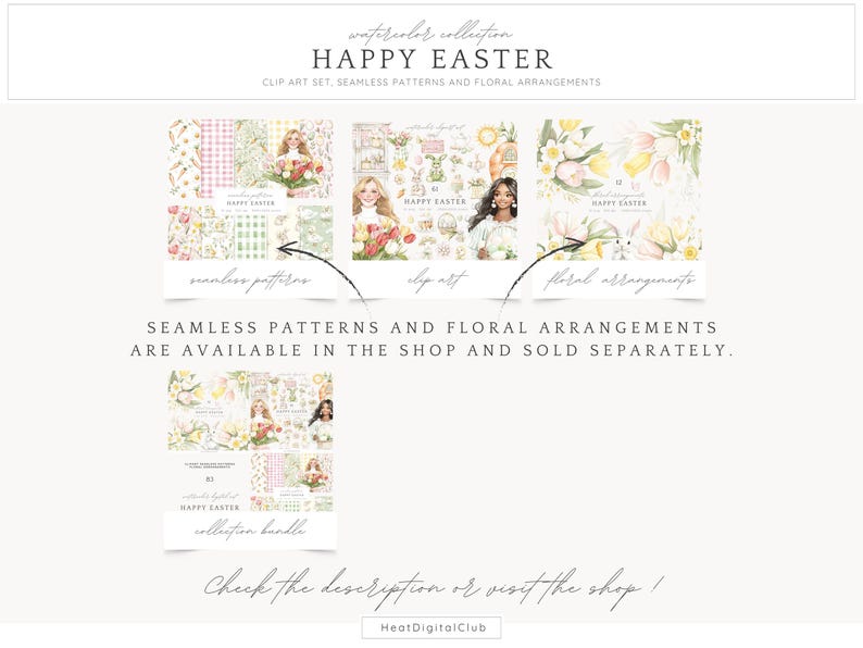 May include: A digital illustration set for Easter featuring watercolor clip art, seamless patterns, and floral arrangements. The set includes images of bunnies, eggs, flowers, and other Easter-themed elements. The text "Happy Easter" appears in the image.