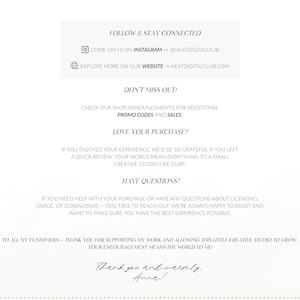 May include: A white informational card featuring black text that reads: FOLLOW & STAY CONNECTED, COME SAY HI ON INSTAGRAM @HEATDIGITALCLUB, EXPLORE MORE ON OUR WEBSITE HEATDIGITALCLUB.COM, DON'T MISS OUT, LOVE YOUR PURCHASE, HAVE QUESTIONS, and THANK YOU.