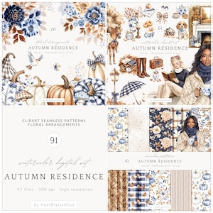 Aquarel herfst residentie clipart, elegante herfst clipart, Grandmillennial herfst clipart, gezellige herfst esthetische clipart, digitale download