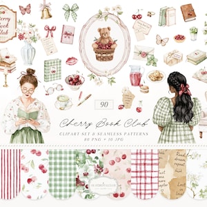Könnte beinhalten: Eine digitale Clipart-Sammlung mit dem Titel Cherry Book Club, die Aquarellillustrationen von Büchern, Kirschen, einem Teddybären im Korb, einer Schreibmaschine, Umschlägen, einer lesenden Person und verschiedenen nahtlosen Mustern enthält.
