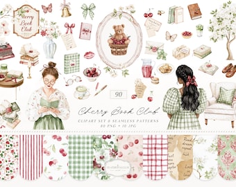 Cherry Book Club Clipart, Watercolor Reading Girl PNG, Vintage Books (Digital Download)